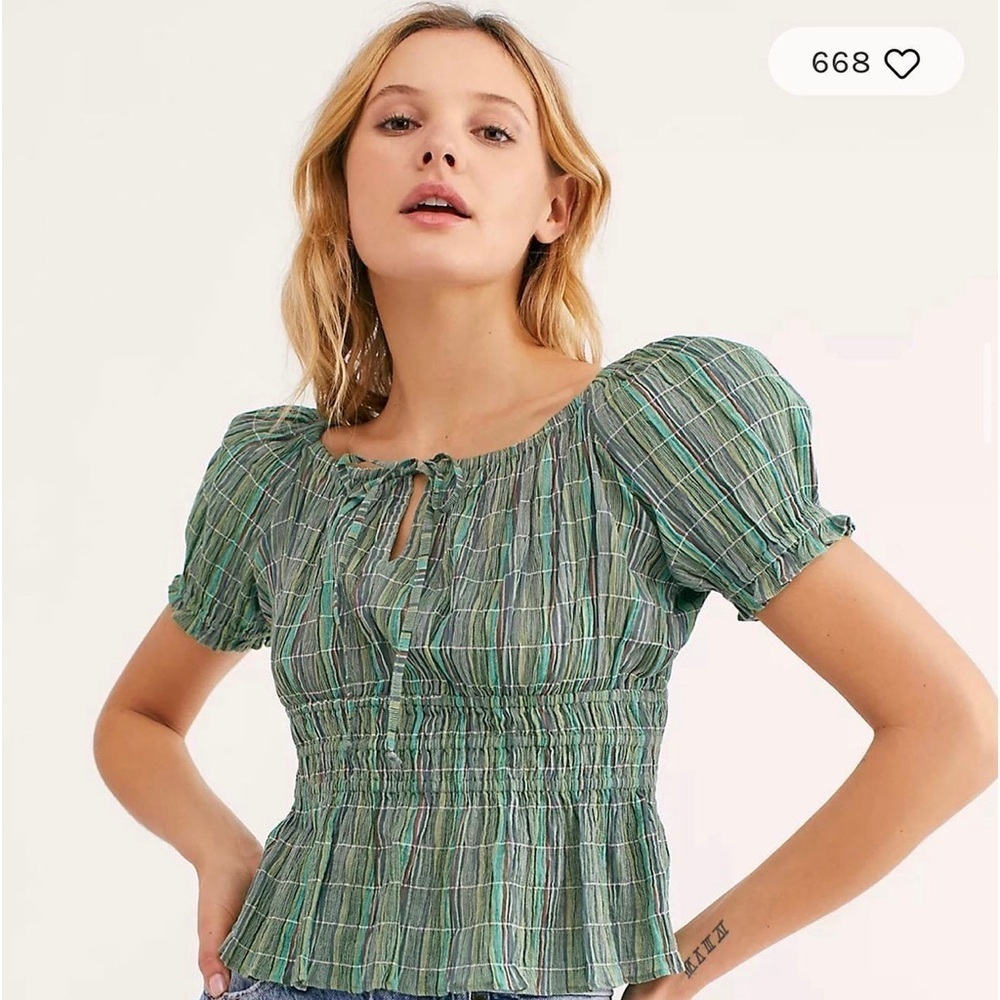Free People Viva Smocked Green Stripe Top